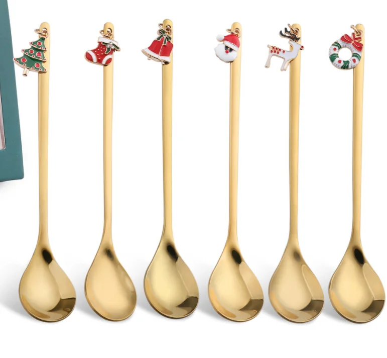 

2021 amazon new stainless steel Christmas gift set ice cream spoon coffee spoon dessert spoon metal teaspoon, Gold, silver,black,rose gold,color