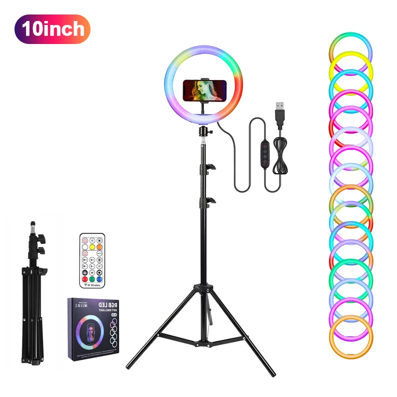 

wholesale beauty lamps 10inch led video rgb colour ring light with 160cm tripod stand remote control photography lighting tiktok