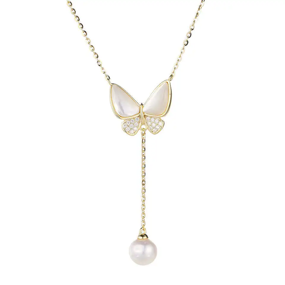 

Wholesale 925 Sterling Silver Zircon Necklace Jewelry Gold Plated Premium Fresh Water Pearl Butterfly Chain Necklace For 2023