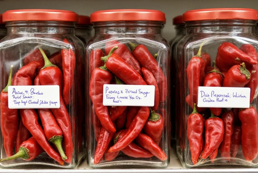 Ancho peppers stored in glass jars with spice labels showing proper storage methods for dried chili peppers