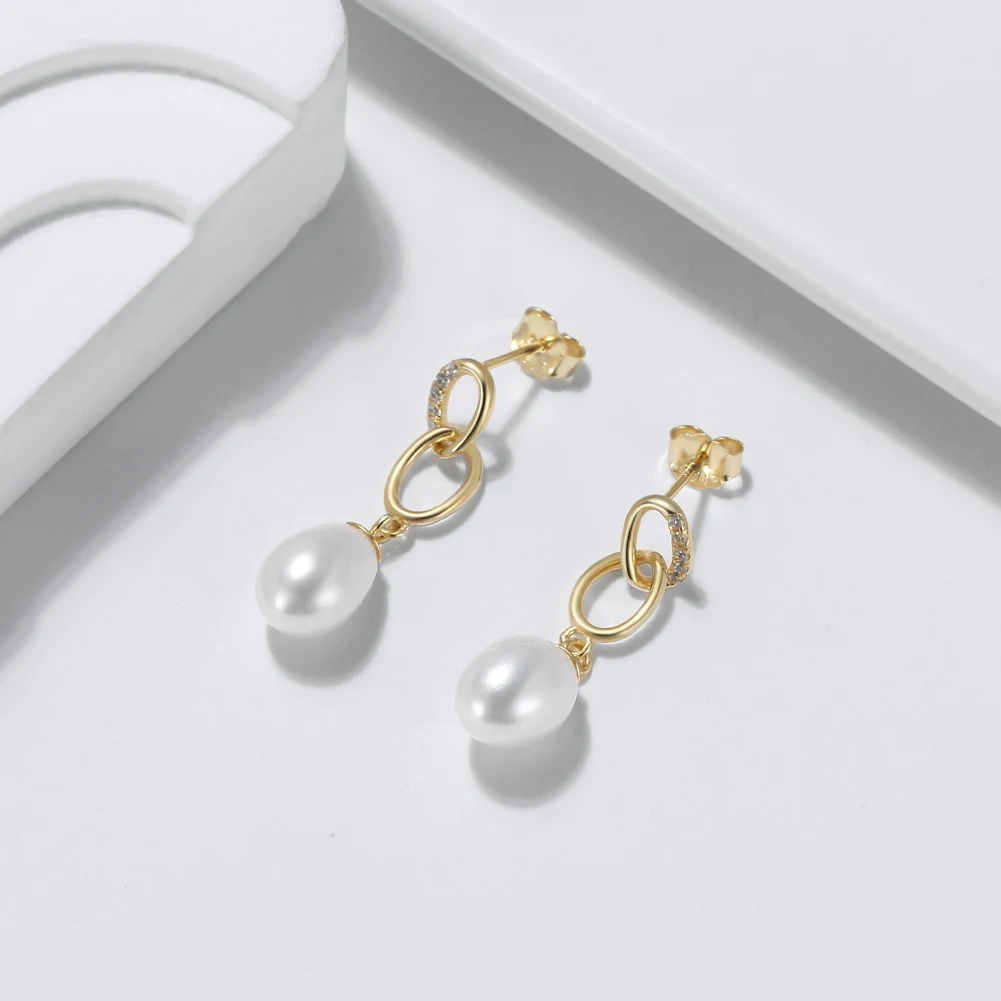 RINNTIN GPE67 Simple Style Freshwater Pearl Drop Earrings Chain with 4A Zircon Gold Plated 925 Sterling Silver Earrings