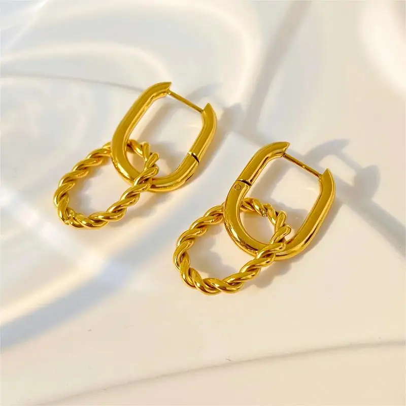 

Detachable Twist Ring Huggie Earrings joyas de acero inoxidable Stainless Steel Gold Plated Waterproof Pendant Earrings