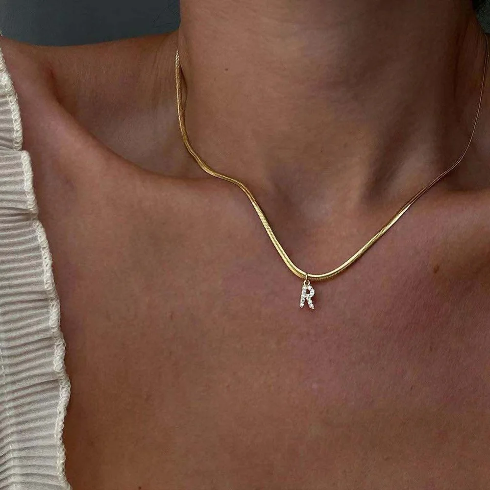 

Water And Tarnish Resistant Iced Out Initial Necklace Flat Snake Chain Necklace Diamond Letter Necklace, Gold/silver/rose gold