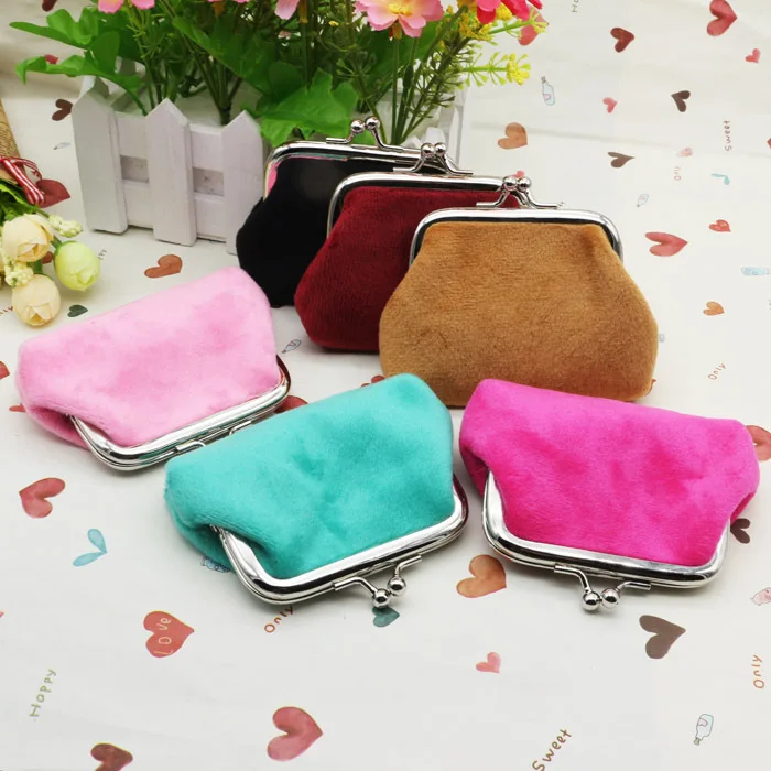 

Promotional Shop Gifts Metal Clasp Frame Solid Candy Color Plush Short Fleece Change Coin Holder Mini Clutch Purse Pouch Bag, 6 choices