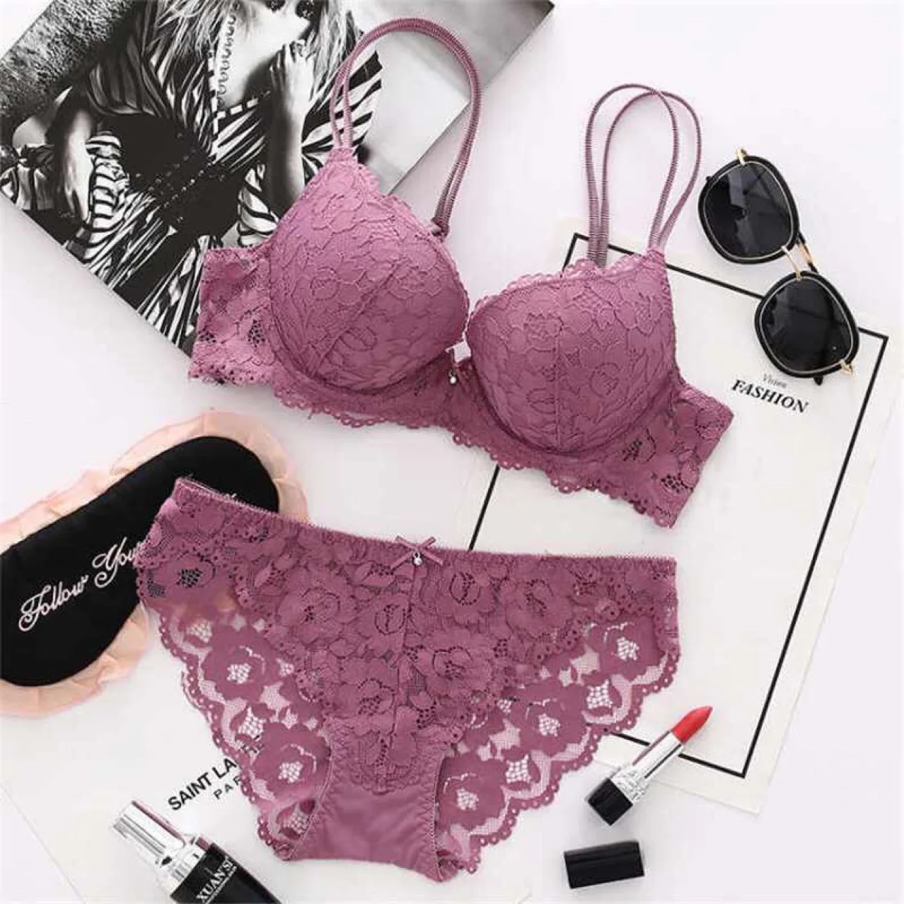 

Sexy ladies lace push up bra brief set fashion women underwear set hollow out lace bras, Black/white/green/wine red/dark blue/pink/purple