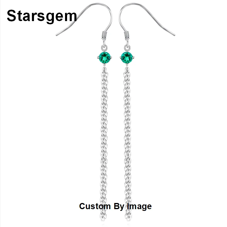

Starsgem Round Shape 4mm Emerald 925 Sterling Silver Long Earrings Tassel Earring