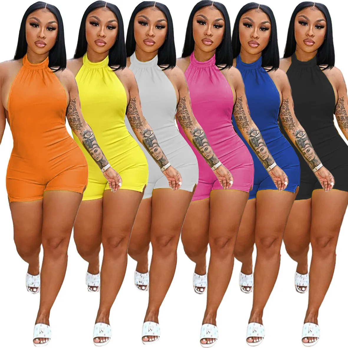 

Spring Women Summer Casual Rompers Sexy Bodycon Halter Solid Color Hollow Out Bodysuits Sportswear One Piece Short Jumpsuits, 6 colors