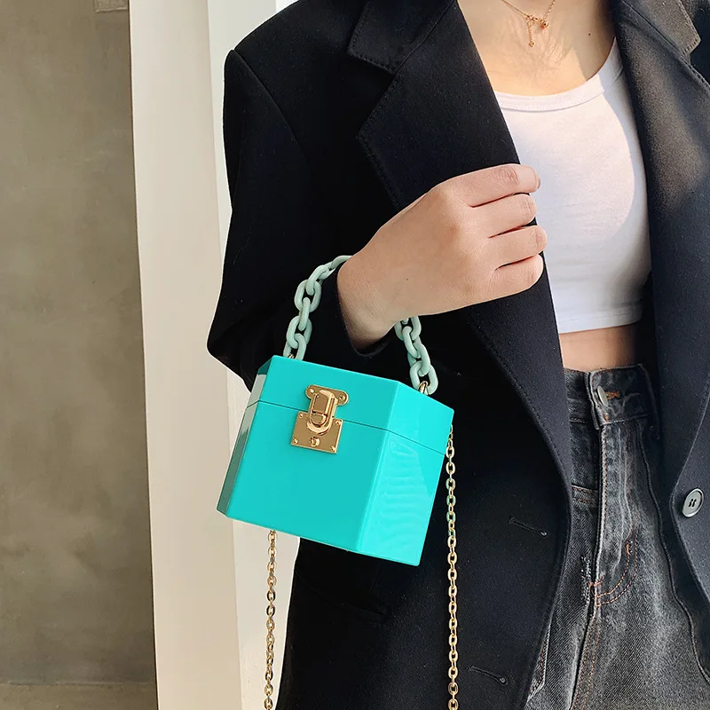 

BM9284 PVC Candy Color Dinner Box Bag Women 2021 Mini Tote Carry-on Makeup Case Tote Carry-on Chain One-shoulder Bag