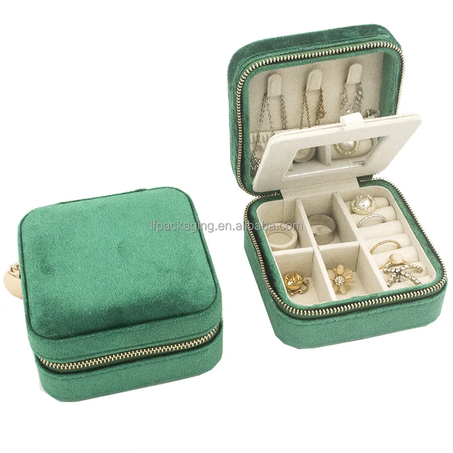 Sumptuous Beautiful Surface Travel Jewelry Box Velvet Zipper Closure Mirror Jewelries Organizer