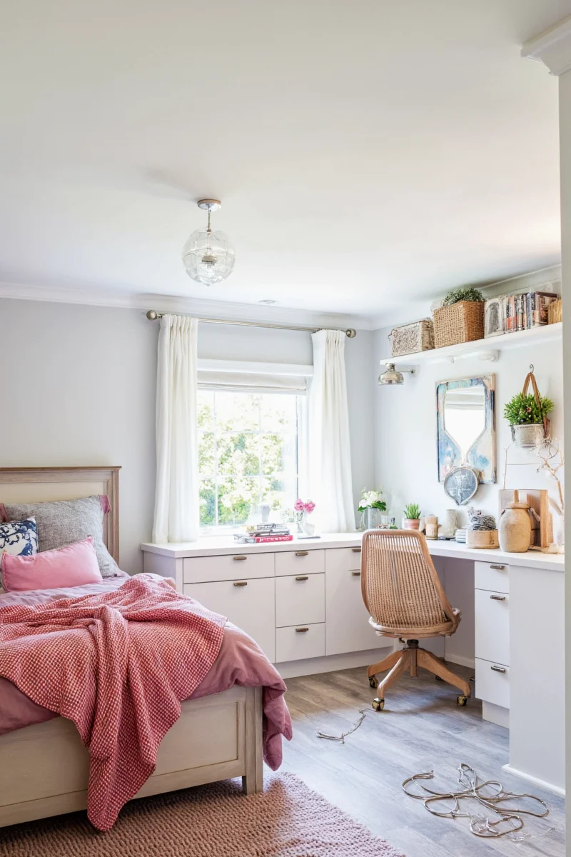 Floating shelves with books and plants in a teen bedroom