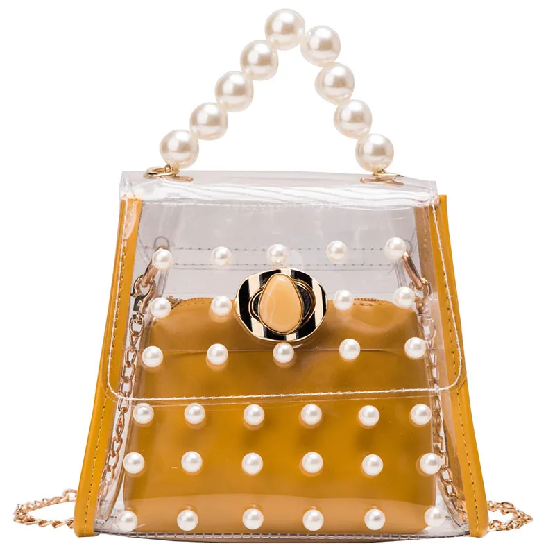 

Popular NEW PVC transport crossbody hand bag women in summer with mini leather pocket and chain handle for girls