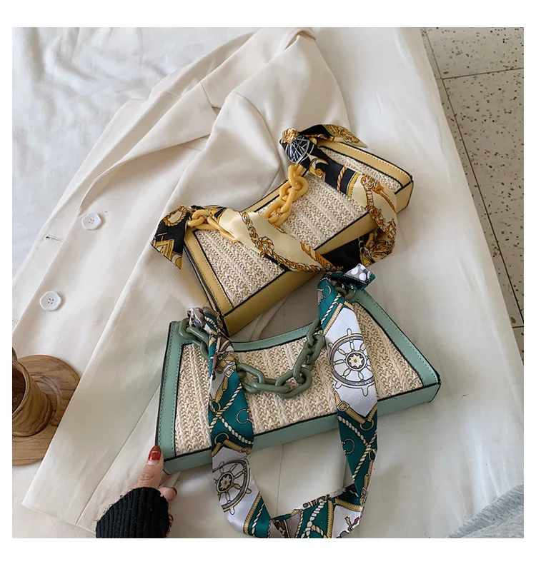 

Summer Straw Bags For Women 2021 Scarf Design Female Cute Chain Travel Totes Beach bag, Customizable