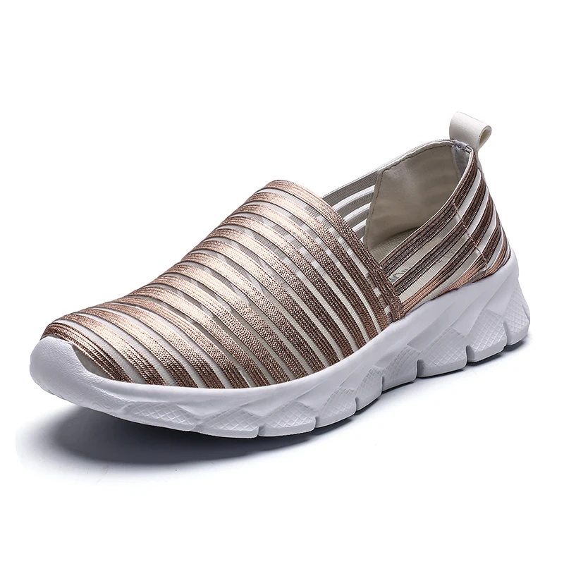 

New Style Elastic Mesh Women Slip on Loafers Casual Sports Shoes Wholesale walking style shoes, Gold/silver