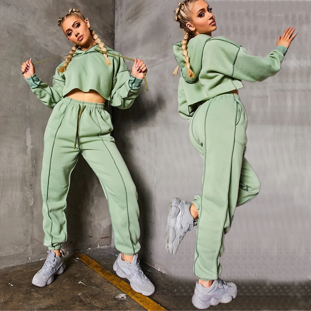 

2021 Fashion casual women crop top hoodie set women 2 piece joggers pants set