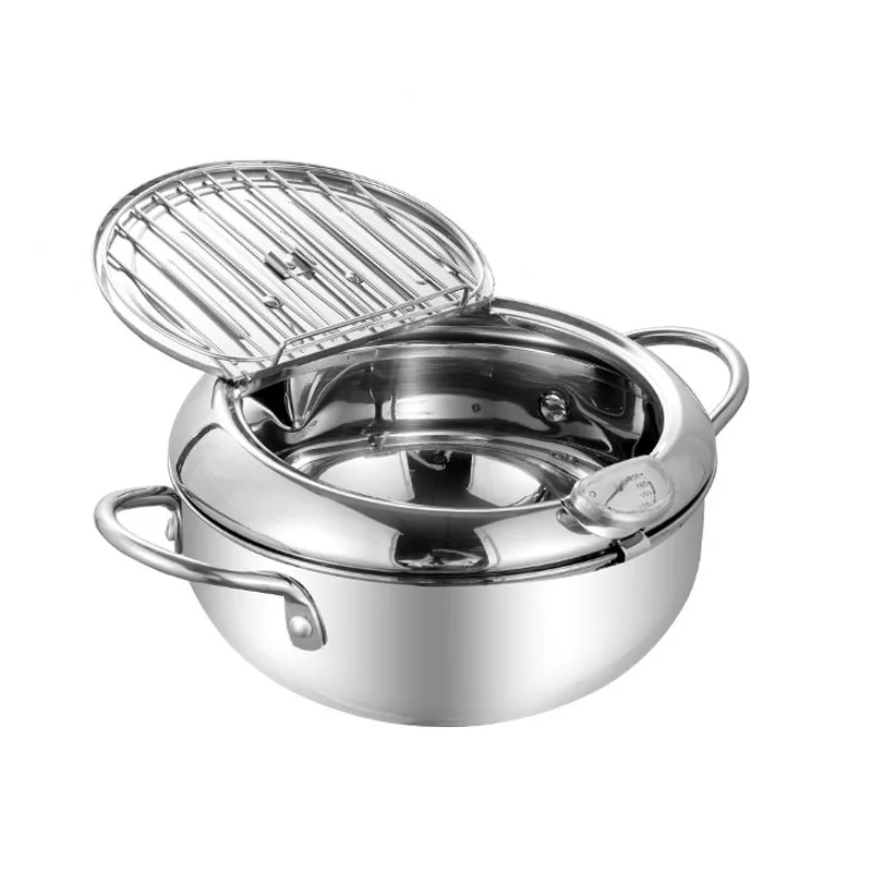 

Stainless Steel Pan Frying Pan Pot Japanese Deep Frying Pot with a Thermometer and a Lid Kitchen Tempura Fryer Pan Skillet