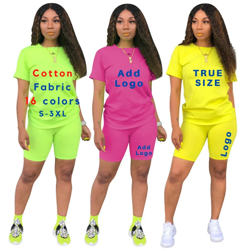 

Hot Sale Women Clothing Cotton Short Sleeves Summer Custom Logo Two Pieces Shorts Set Casual 2 Piece Women Outfit, Picture shows