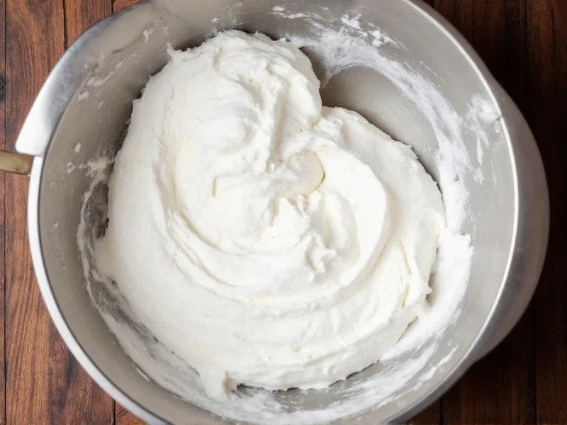 Whipped cream at stiff peaks stage in chilled metal bowl