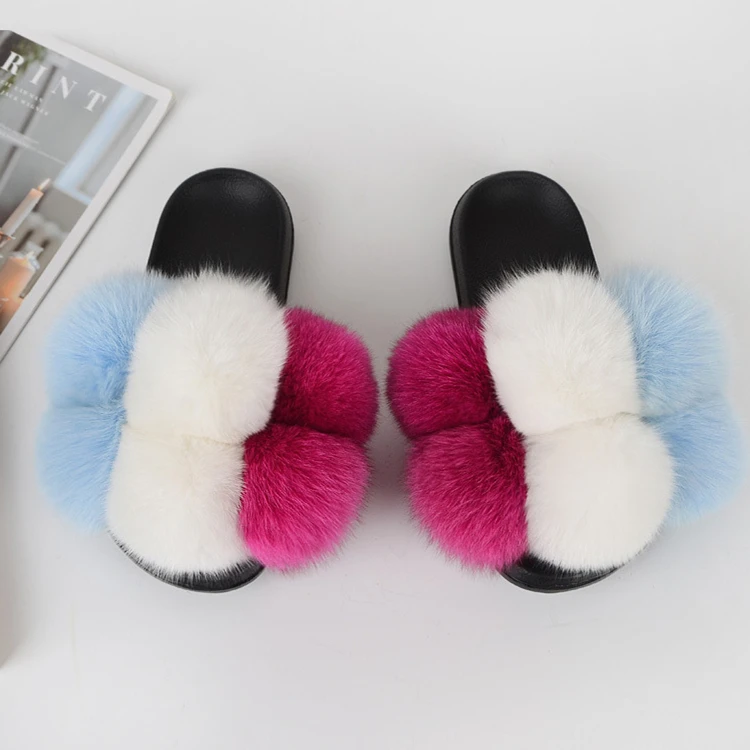 

Hot Sale Fur Slides Lady Real Fox Fur Slippers Women Pom Pom Slippers Furry Soft Flat Slides Shoes