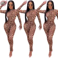 

9080506 queenmoen best design long sleeve leopard print mesh transparent sexy bodycon bandage jumpsuit