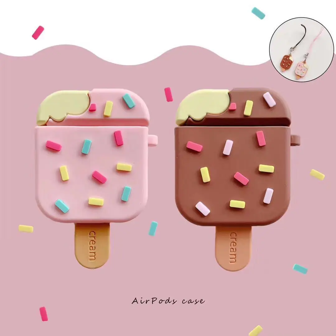

3D Cute Chocolate Ice Cream Headphone Cases Silicone Protective Earphone Cover with Chain For Airpods 1 2 Pro