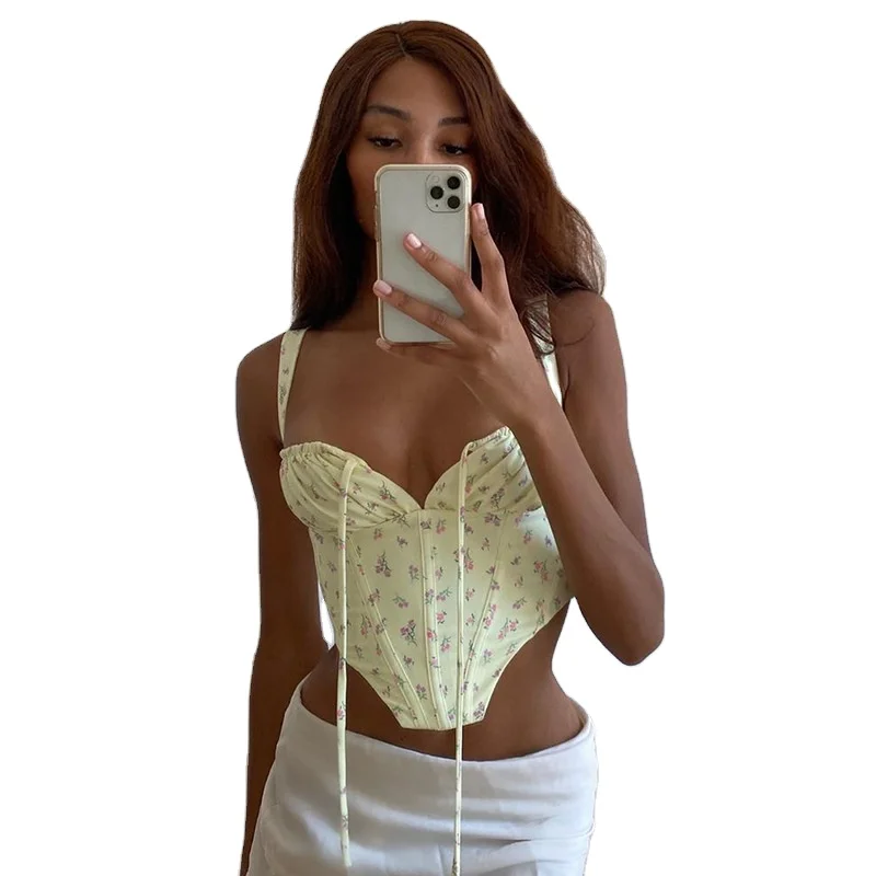 

2021 Summer Hot Cute Crop Floral Casual Sexy Summer Women Corset Top Ladies Lace up Sexy sling vest off the shoulder blouse, Shown