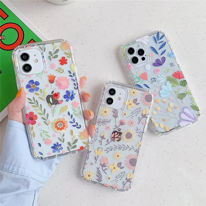 

Transparent Flower Leaf Phone Case For iPhone 12 11 Pro Max XR XS Max X 7 8 Plus 12Mini 11Pro Shockproof Bumper Clear Back Cover