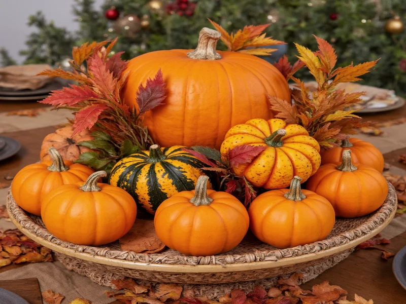 Dollar Tree fall centerpiece with pumpkins and foliage