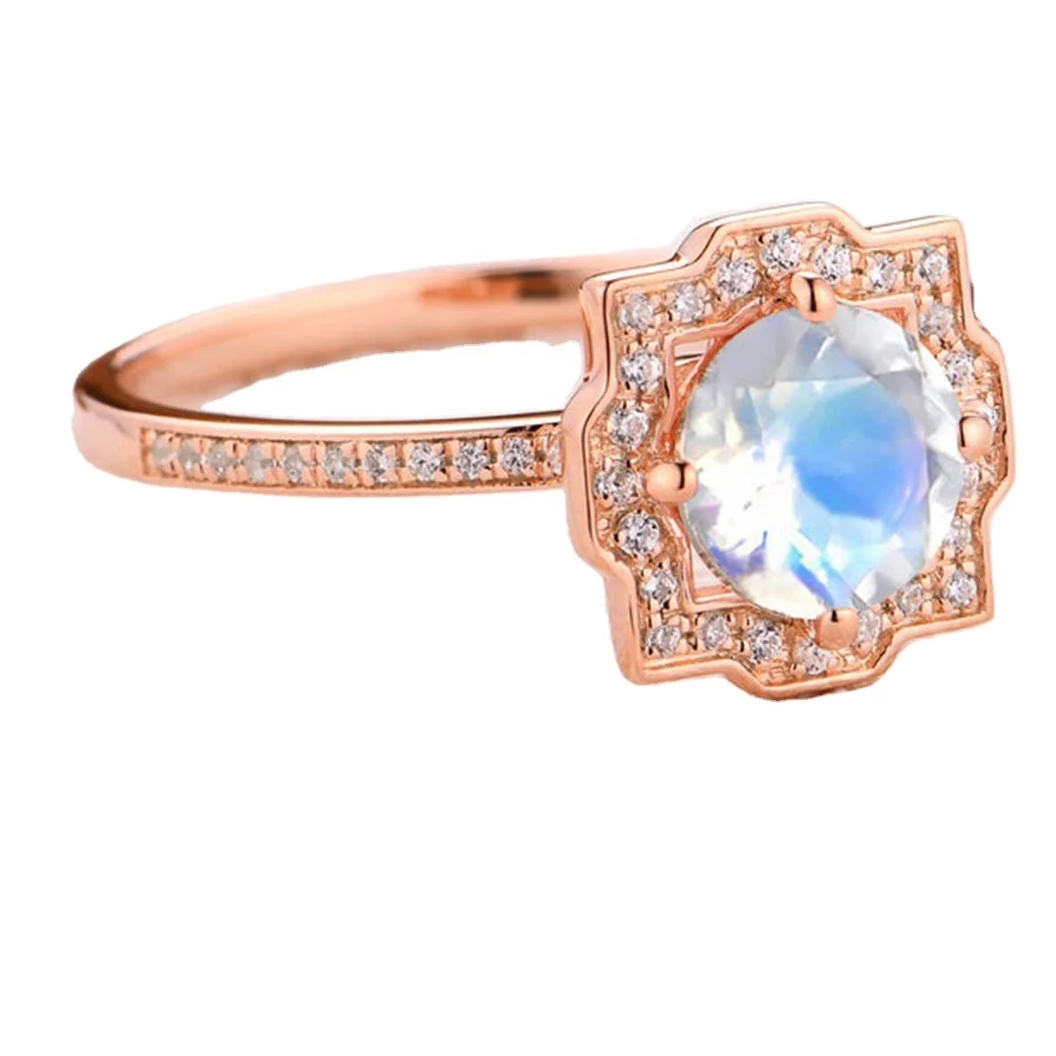 

925 Sterling Silver Rose Gold Plating Round cut Blue Moonstone Wedding Ring