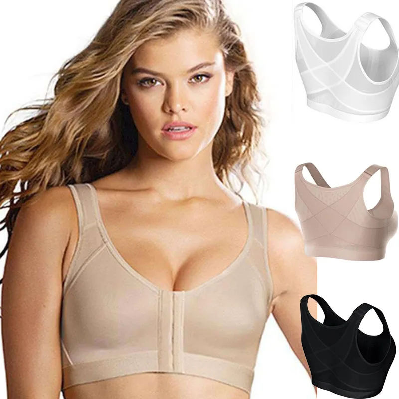 

Women's Full Coverage Wire Free Back Support Front Closure Bra Adjusted Posture Corrector Bra, Black, beige, white