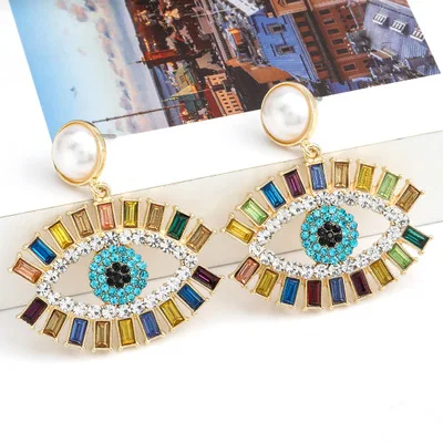 

Bohemian New Trendy Pearl Crystal Evil Eyes Drop Earrings Pearl Glass Evil Eyes Earrings for Women