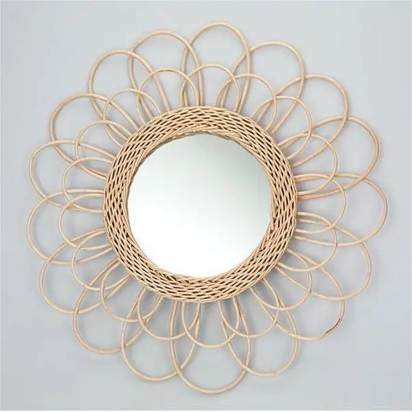 50cm Features Handmade Northern Europe Homestand Rattan Wall Hanging Mirror Willow Woven Original Wood Decorative Mirror