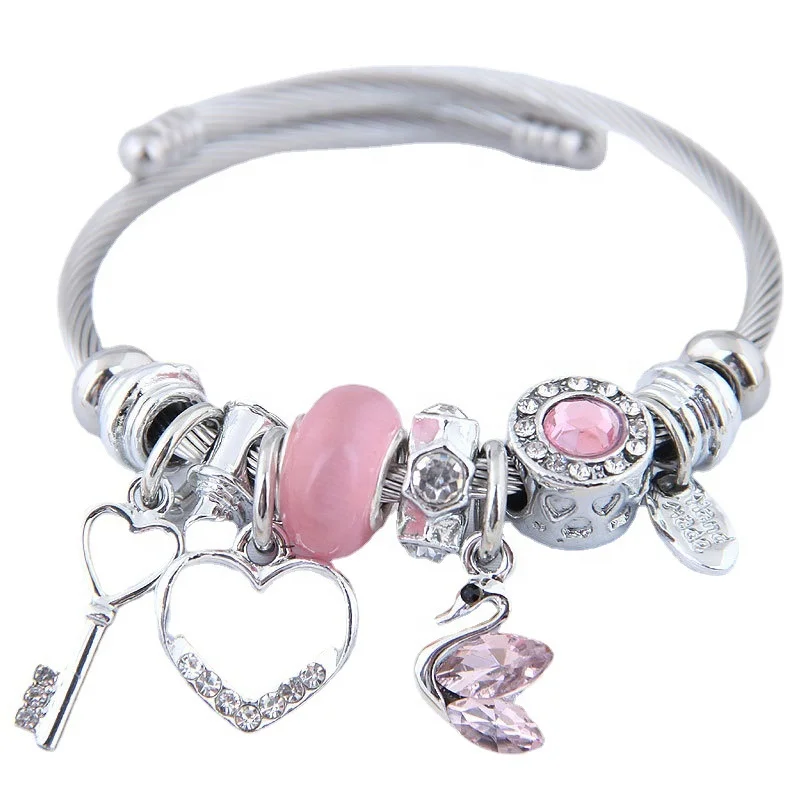 

Popular little fresh love key Crystal Beaded Jewelry Lady Swan Pendant Bracelet