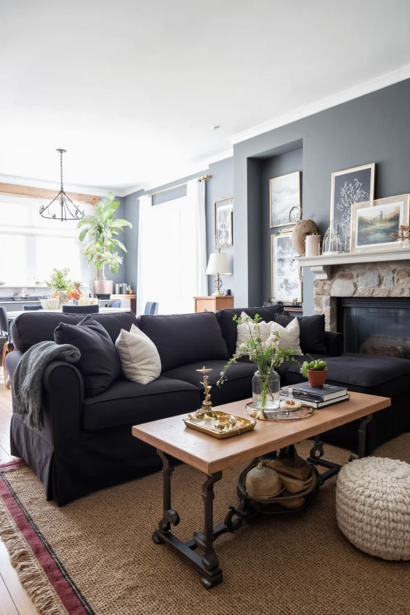 Black living room with soft textures and ambient lighting
