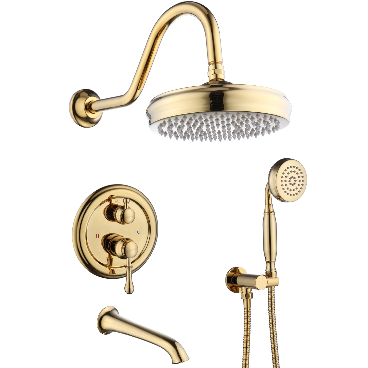 

Concealed Bathroom System Mixer High Pressure Rainfall Shower Head with Handheld Shower and Tub Spout Brushed Gold Shower Set