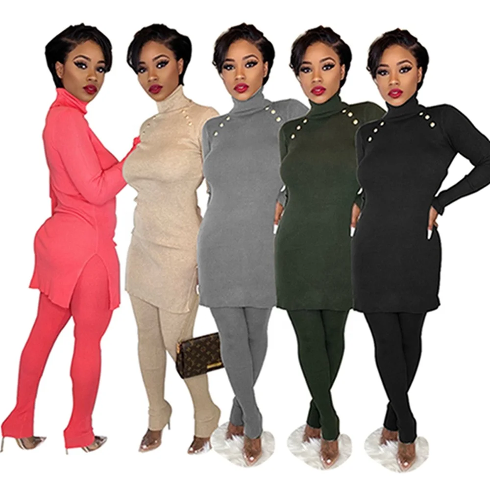 

Knitted Ribbed Two Piece set Turtleneck Sweater Set Women