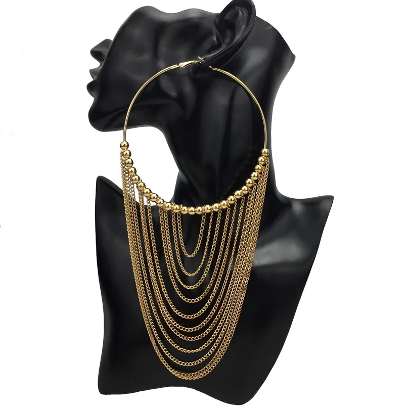 

Fashion Long Tassel Chains Earrings Circular Metal Indian Jewelry Dangle vintage earrings ladies Jewelry Accessories For Women, Gold, silver, black
