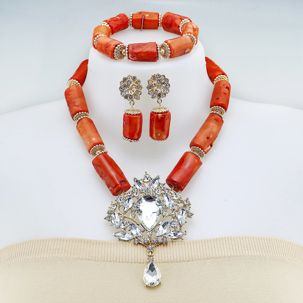 

Nigeria Style Coral Jewelry Sets High Quality Women Wedding Party Bridal Fashion African Crystal Beads Necklace Set