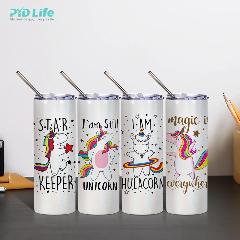 

PYD Life Wholesale RTS 20 OZ Sublimation Double Wall Rainbow White Glitter Skinny Sublimation Custom Tumblers with Straw