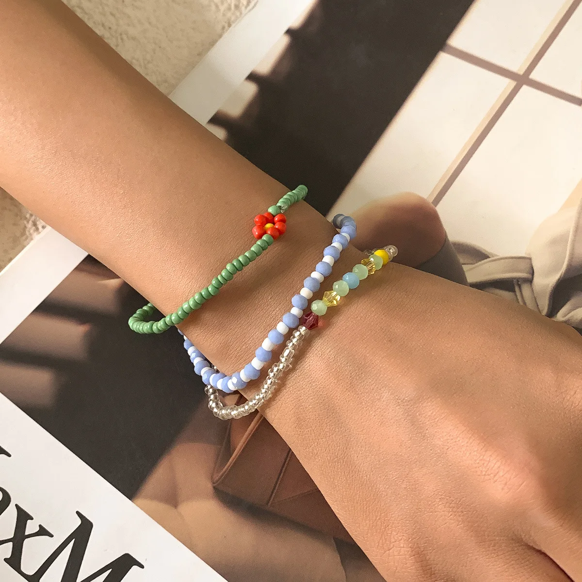 

2021 New Fashion Bohemian Multi-Colored Cuff Bracelet Rice Bead Flower Bangle Handmade Crystal Bracelet For Women And Girls, As the picture shows