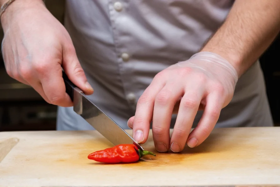 Chef wearing protective gloves carefully mincing a Carolina Reaper pepper on a cutting board with appropriate safety equipment visible