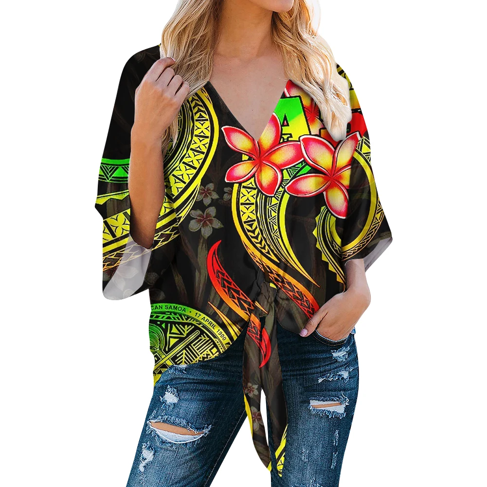 

Mornkid and polynesian Women Casual Hawaii Print V Neck Blouse 3/4 Bell Sleeve Tie Knot Tops Chiffon Loose Casual Shirt, Customized color