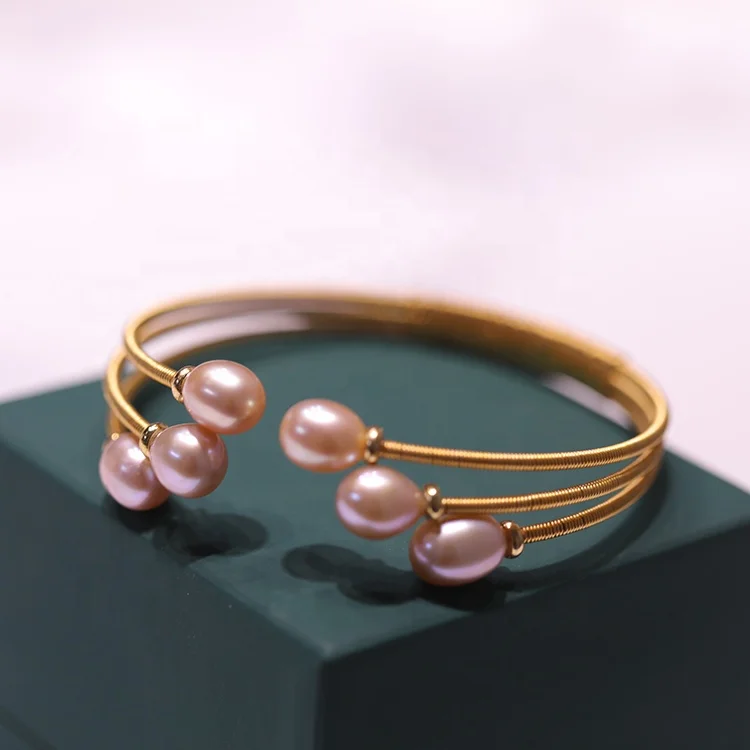 

natural freshwater oval pearl bracelet cultured real pearl stainless 14k gold-filled bangle for women