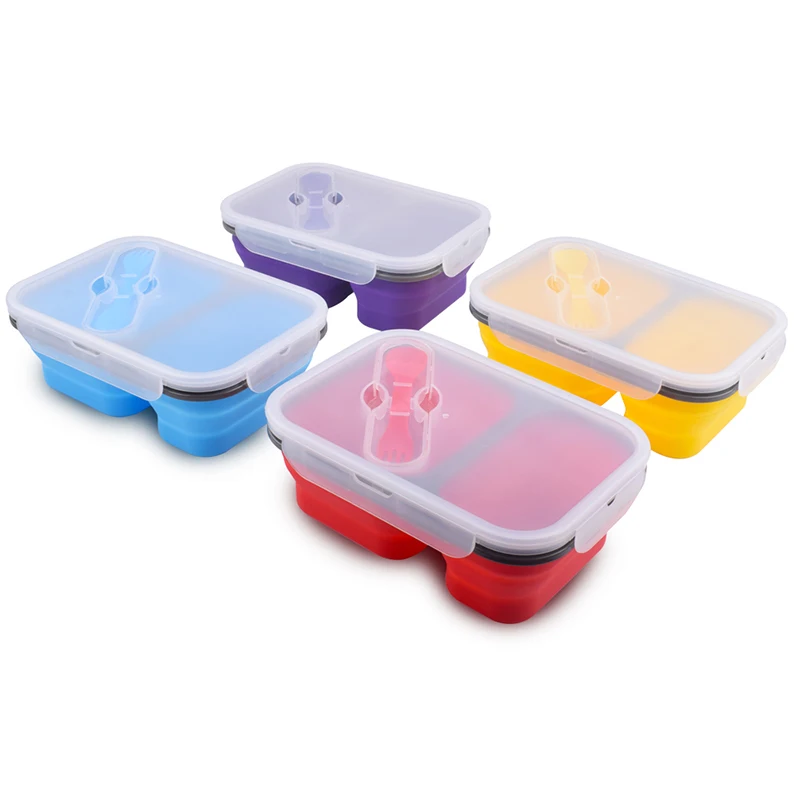 

100% Food Grade Silicone Collapsible Food Container 2 Compartments Bento food lunch box silicone with Fork
