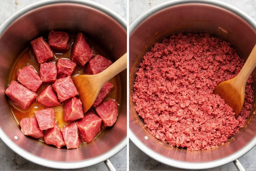 Comparison of cubed chuck roast and ground beef in chili pot showing texture differences