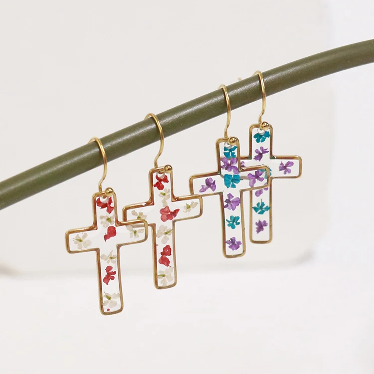 

Luxury Handmade Earrings Stainless Steel Real Flowers Jewelry Resin Natural Dried Flower Women Cross Earrings
