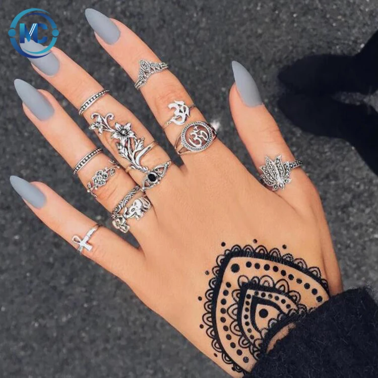 

Boho Vintage Punk Gold Silver Stone Midi Finger Rings For Women Bohemian flower animal elephant Ring Set Jewelry, As picture