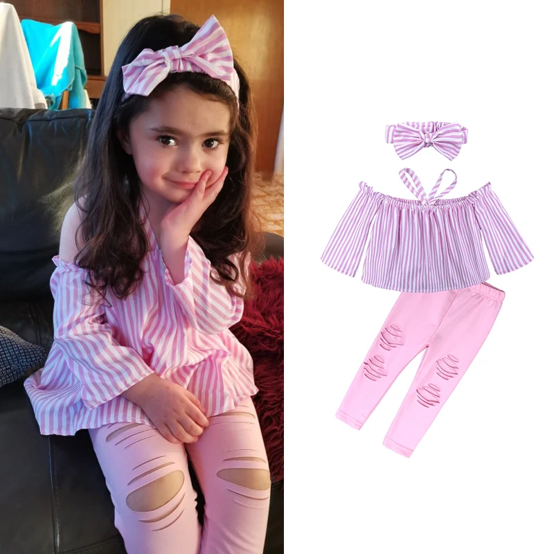 

Pink strapless off shoulder clothes baby summer outfit girls clothing set with bow