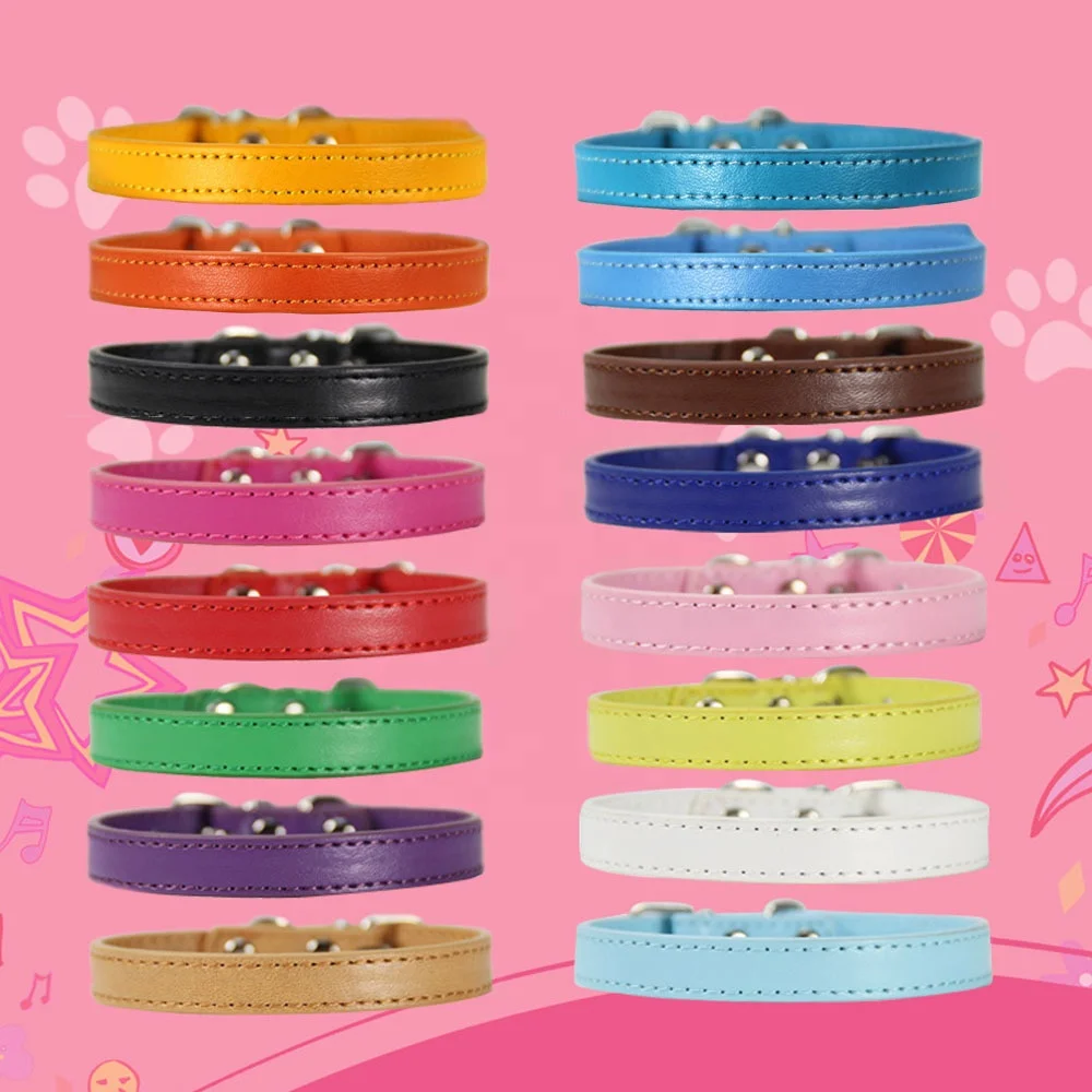 

Wholesale Luxury Pet Collar PU Leather Custom Colors Softly Padded Waterproof Classic Vegan Genuine Leather Dog Collar With Bell, 16 colors