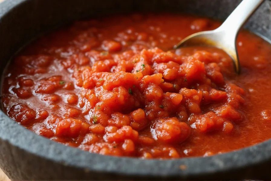 Close-up of red pepper salsas being prepared in traditional Mexican molcajete