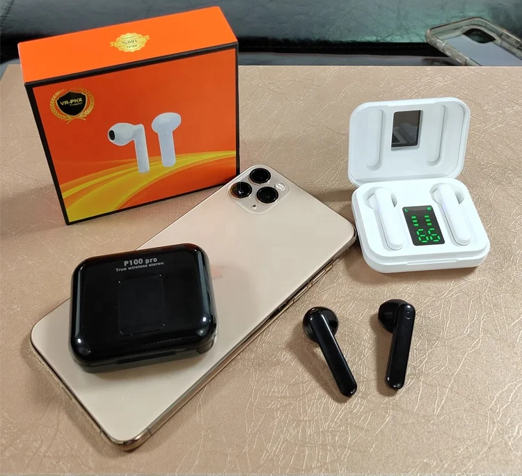 

New Model TWS P100 Pro Wireless Earphone Waterproof BT5.0 Support All Phone Handsfree Microphone Calling Earbuds, Black